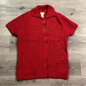 LL Bean Red Women’s Short Sleeve Cable Knit Button Down Sweater Large Coastal